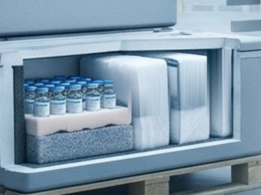 Vaccine vials packed with dry ice in an insulated shipper