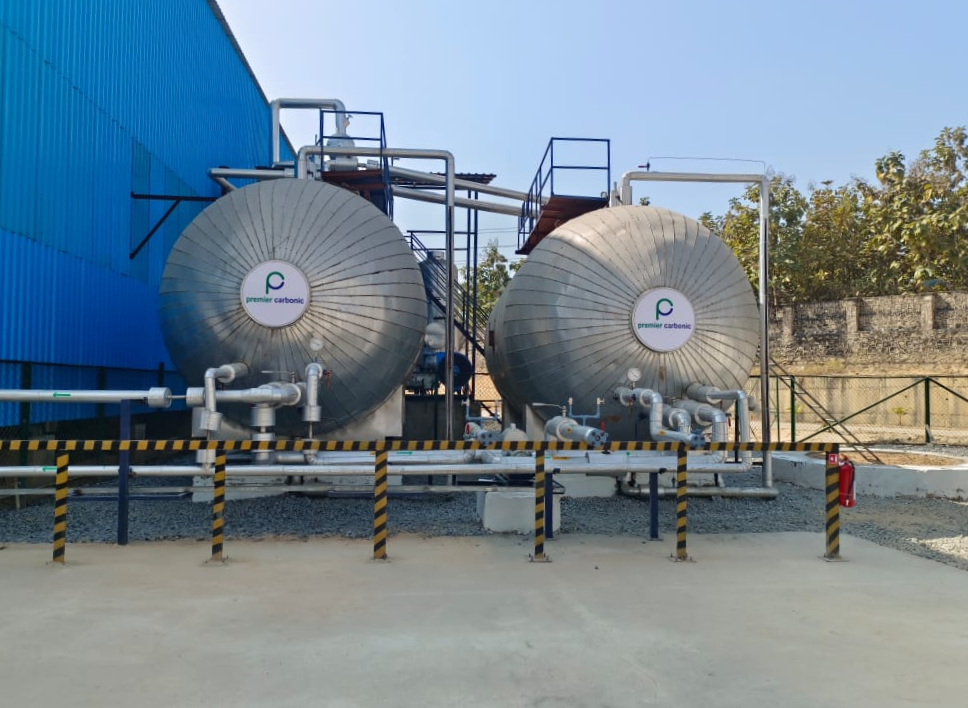 Premier Carbonic branded liquid CO₂ storage tanks at our production facility